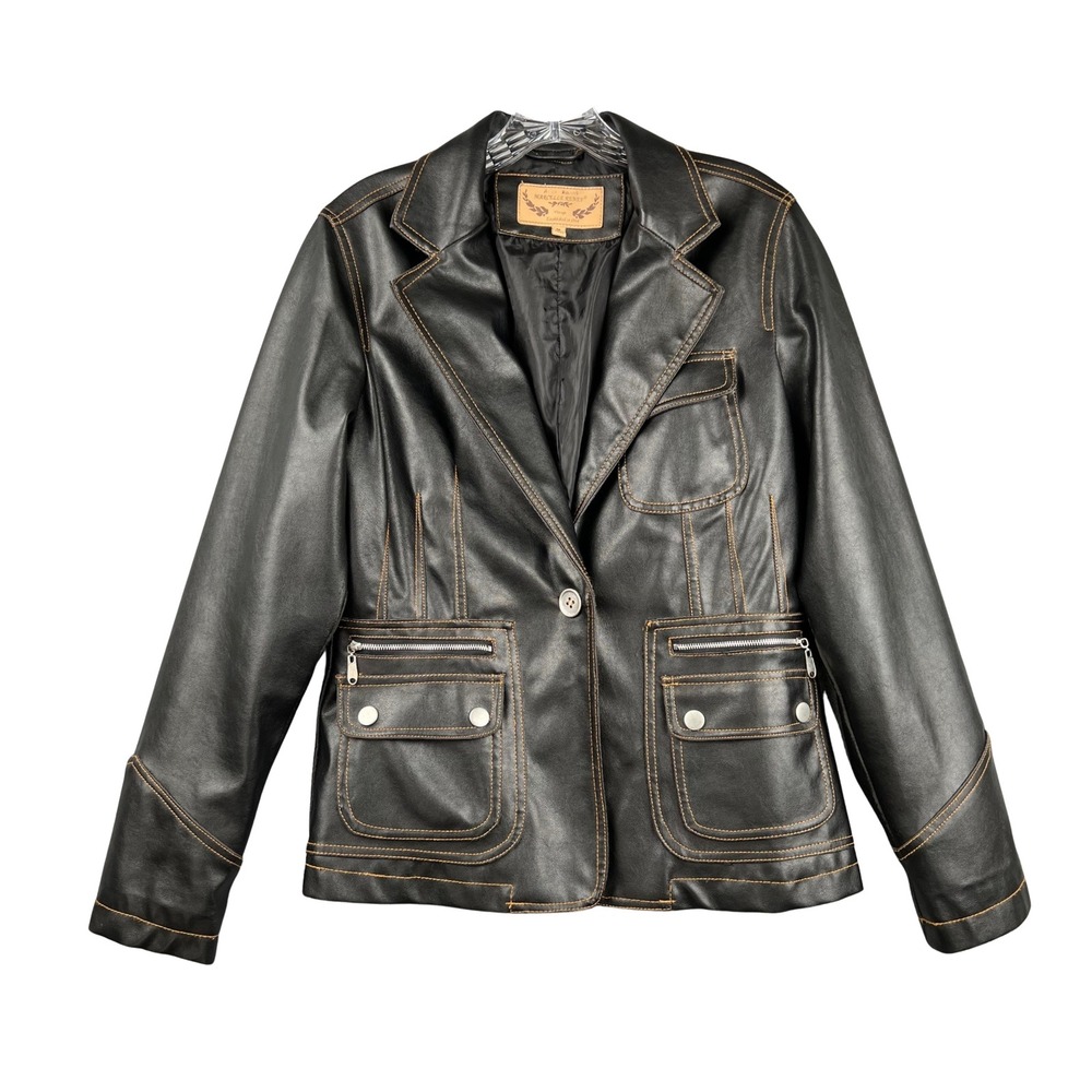 MARCELLE RENEE Vintage Faux Leather Blazer Jacket Womens M Black Contrast Stitch